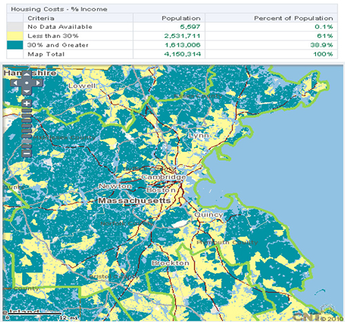 Screenshot from the H + T Affordability Index which shows a colored-coded map of the Greater Boston Massachusetts area plotting housing costs as a percentage of income: less than 30%, 30% and greater, or no data available