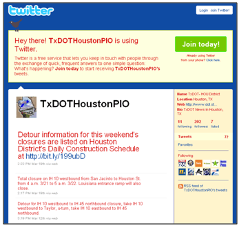 Figure 7. Screenshot of TxDOT-Houston District's Twitter Account.