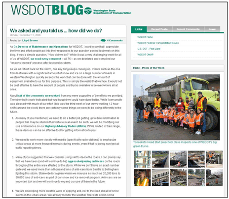 Figure 8. Screenshot of WSDOT's Blog.