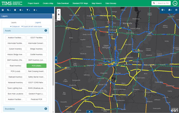 Screenshot pf ODOT’s Transportation Information Management System (TIMS). TIMS contains more than 80 data sets across 5 Federal and State agencies, 3 ODOT Divisions, and 11 ODOT Offices.
