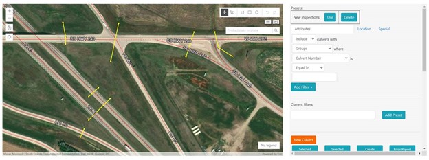 A screenshot of SDDOT’s culvert inventory system from May 2020 and shows culvert locations in relation to the highway system.