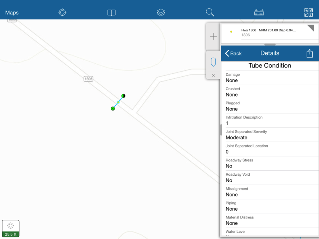 A screenshot of a tube condition in the original Collector for ArcGIS application.