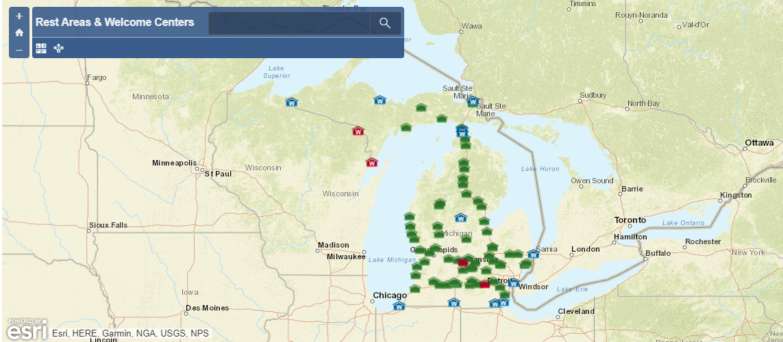 screenshot from MDOT’s COVID-19 Hub displaying a map of Michigan marked with color-coded icons to show locations of open and closed rest areas and welcome centers