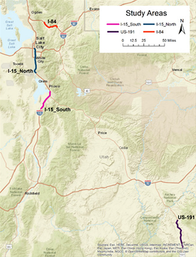 map showing UDOT LiDAR study areas on I-15 South, US-191, I-15 North, and I-84