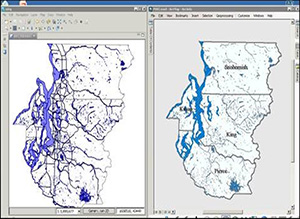 One screenshot each of the uDIG and ArcGIS desktop applications