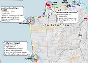 PaTINA hotspot network map of San Francisco, showing three Level 1 hotspots (Golden Gate Plaza, Lands End/Sutro Heights, and Fort Funston) and listing each's top four major hotspot contributing factors.