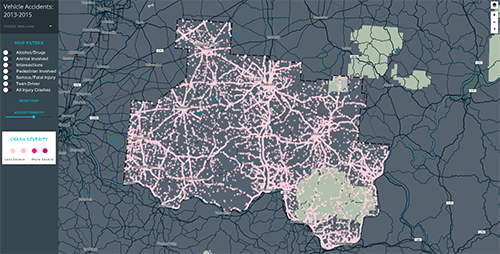 OVRDC Map showing the locations of vehicle accidents in the Ohio Valley region, 2013-2015