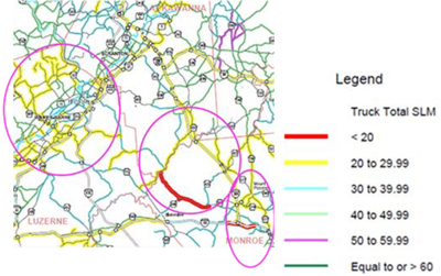 screenshot of a section of a GIS map color-coded by snow lane mileage threshold levels