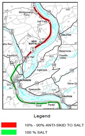 screenshot of a GIS map color-coded to show pavement treatment materials usage