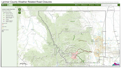 screenshot of Larimer County's weather-related road closures application displays a topographical map of Larimar County