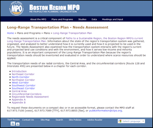 screenshot of the LRTP - Needs Assessment home page from the Boston Region MPO website