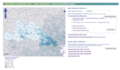 screenshot of an interactive map page on the LRTP Needs Assessment section of the Boston Area MPO website