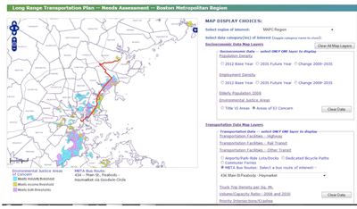 screenshot of an interactive map page on the LRTP Needs Assessment section of the Boston Area MPO website