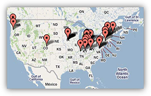 Google map of the continental United States with pins denoting the locations of GSAM members