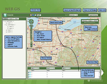 Screenshot from the Web-GIS Application which is displaying a map and numerous menus