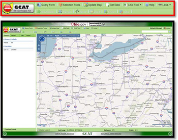 Screenshot from GCAT which is displaying a map and menus