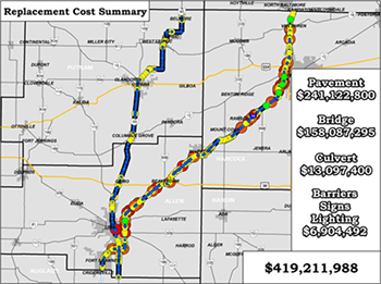 Screenshot from the GIS Asset Valuation Analysis which is displaying a map with two color-coded roadways and replacement cost summary information
