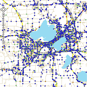 Screenshot of the WisDOT Crash Map showing the City of Madison 2012 crashes after the use of C-MAT