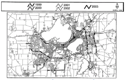 Black and white pen plotter map of Madison Area Roadway Projects created with ArcView2