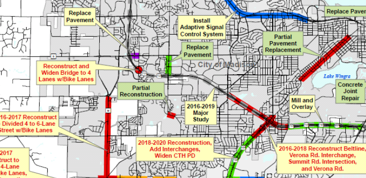 Detailed color PDFs map of Madison Area Roadway Projects from 2016-2020 using ArcGIS 10.3