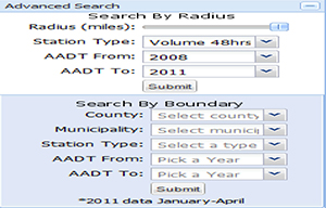 Screenshot of the TMS mapping interface Advanced Search selection menu which allows users to Search by Radius (3 parameters) or Search by Boundary (5 parameters)