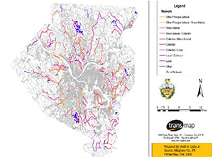 An AMS network map of Allegheny County with roads color-coded by condition