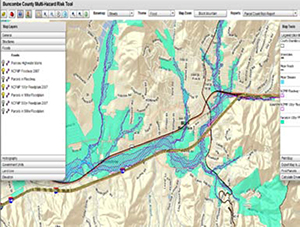 Screenshot of the Buncombe County Multi-Hazard Risk Tool displaying flood risk assessment data