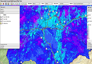 Screenshot of the Buncombe County Multi-Hazard Risk Tool displaying wildfire risk assessment data