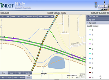 Screenshot of the PR Finder, showing a computer-generated map of two intersecting highways, color-coded by LMI