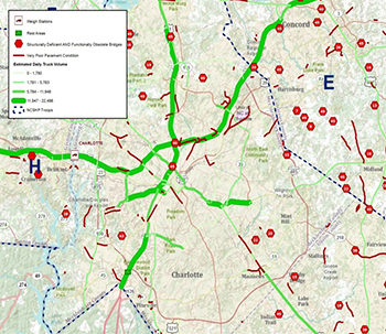 Screenshot of an RVI GIS layer which shows a map color-coded to indicate truck counts and roadway inventory data