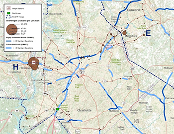 Screenshot of an RVI layer which shows a map color-coded to indicate overweight citations per location