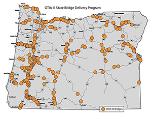 Map of the major roadways of Oregon dotted with small orange circles, which represent OTIA-repaired and OTIA-replaced bridges.