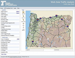 Screenshot from ODOT's WZTA Tool showing a map of Oregon's major highways labeled