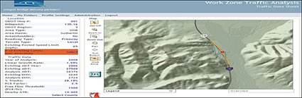 Screenshot from ODOT's WZTA Tool showing a topographical map of the area surrounding a work zone and data related to that work zone