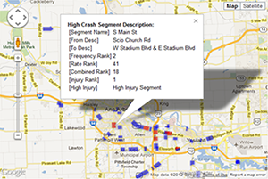Screenshot of the WATS-developed deficiency Google map showing a map with small purple and red rectangles. A red rectangle has been clicked on; a pop-up window contains data about the aspects of that area's High Crash Segment Description.