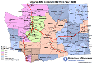 County map of the state of Washington, color-coded to show Growth Management Act deadlines