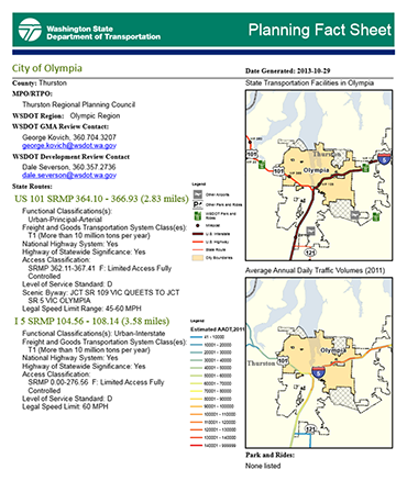 Copy of the WSDOT Planning Fact Sheet for the city of Olympia