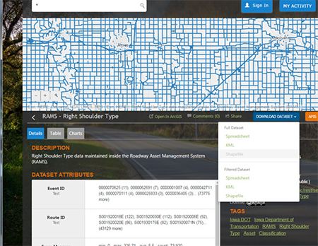 screenshot from Iowa DOT’s Open Data Map Portal
