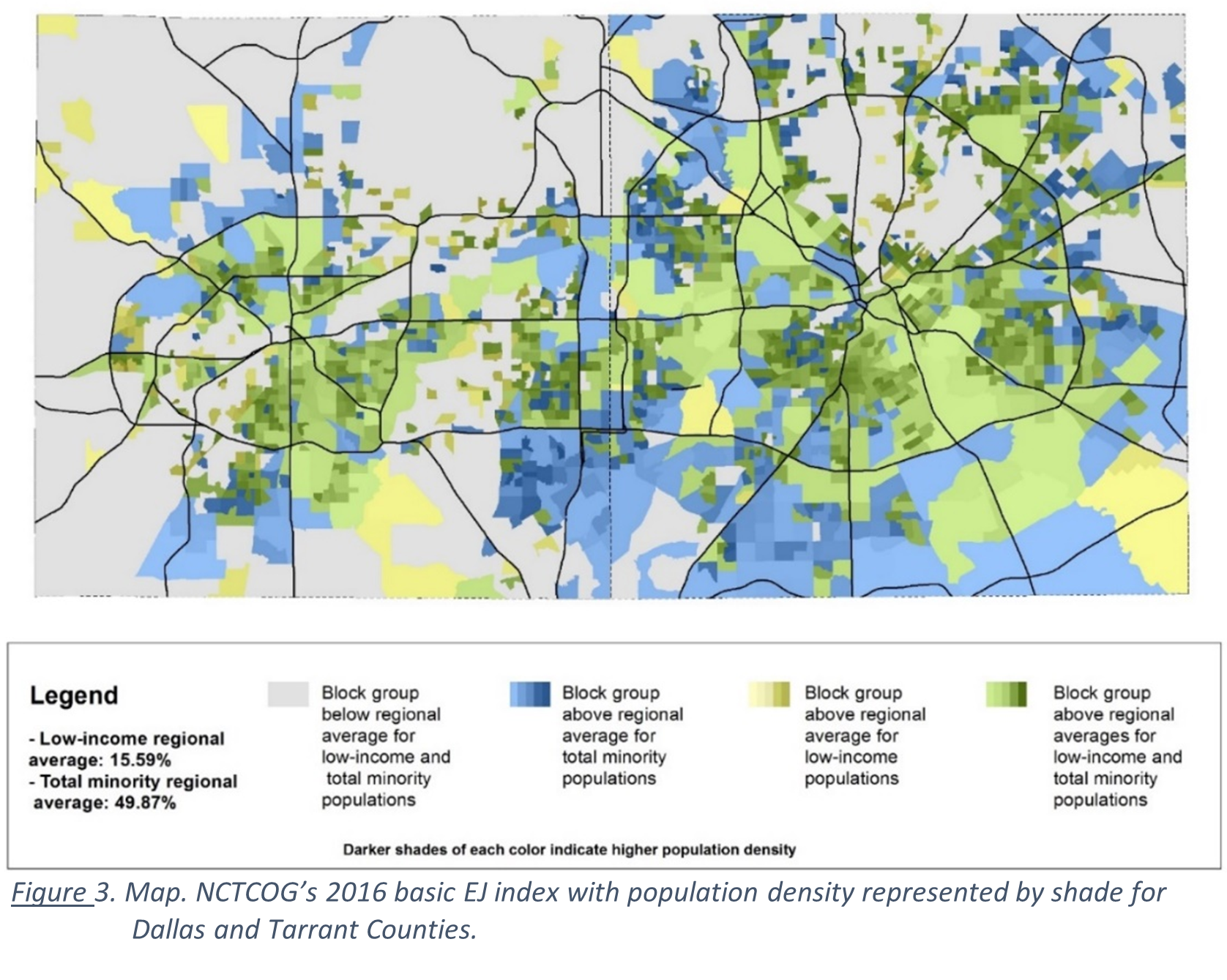 NCTCOG’s 2016 basic environmental justice index with population density represented by shade for Dallas and Tarrant Counties