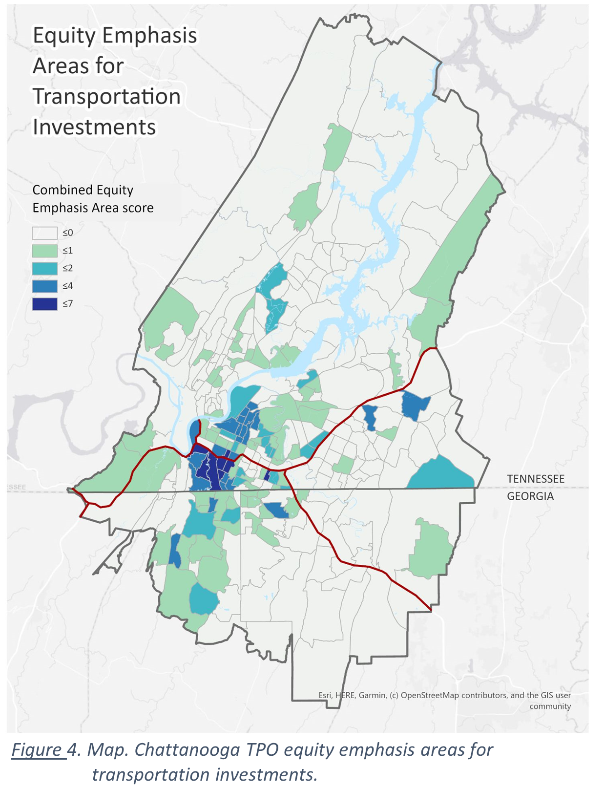 A map of Chattanooga transportation planning organization equity emphasis areas for transportation investments