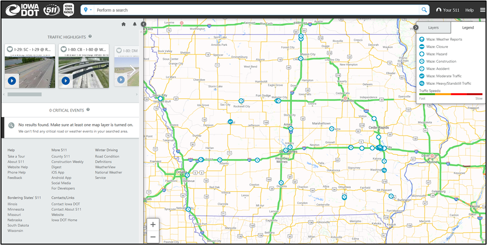 A screenshot of the Iowa DOT 511 public page showing major roadways with layers from crowdsourced data.