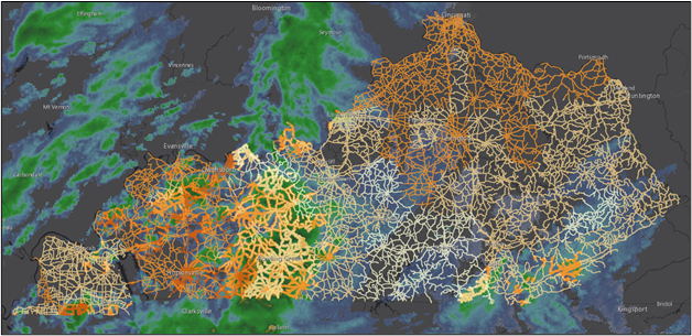 A map of Kentuckey's roadway network with an overlay of wheather patterns that affect roadway conditions.