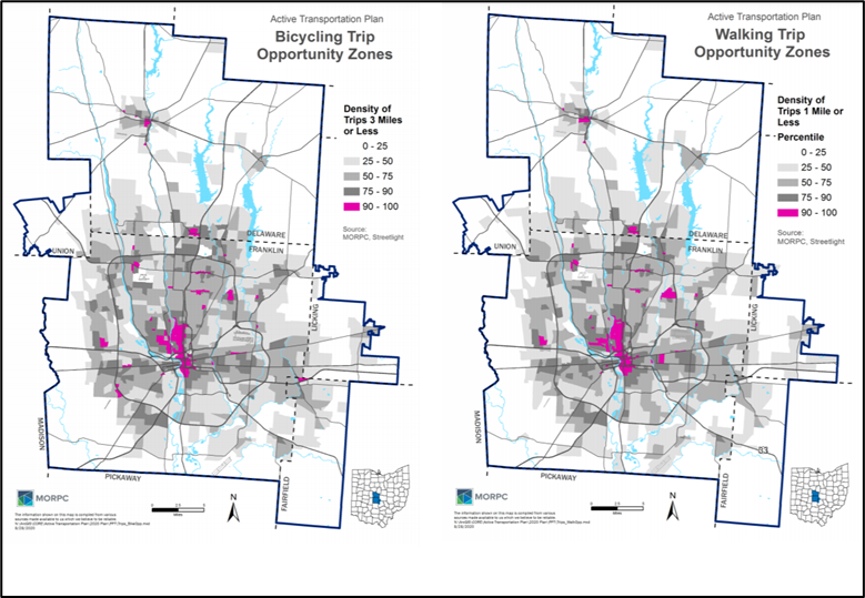 Two side-by-side of Delaware county and Franklin county in Ohio showing bicycle trip opportunity zones and walking trip opportunity zones based on density of trip length.