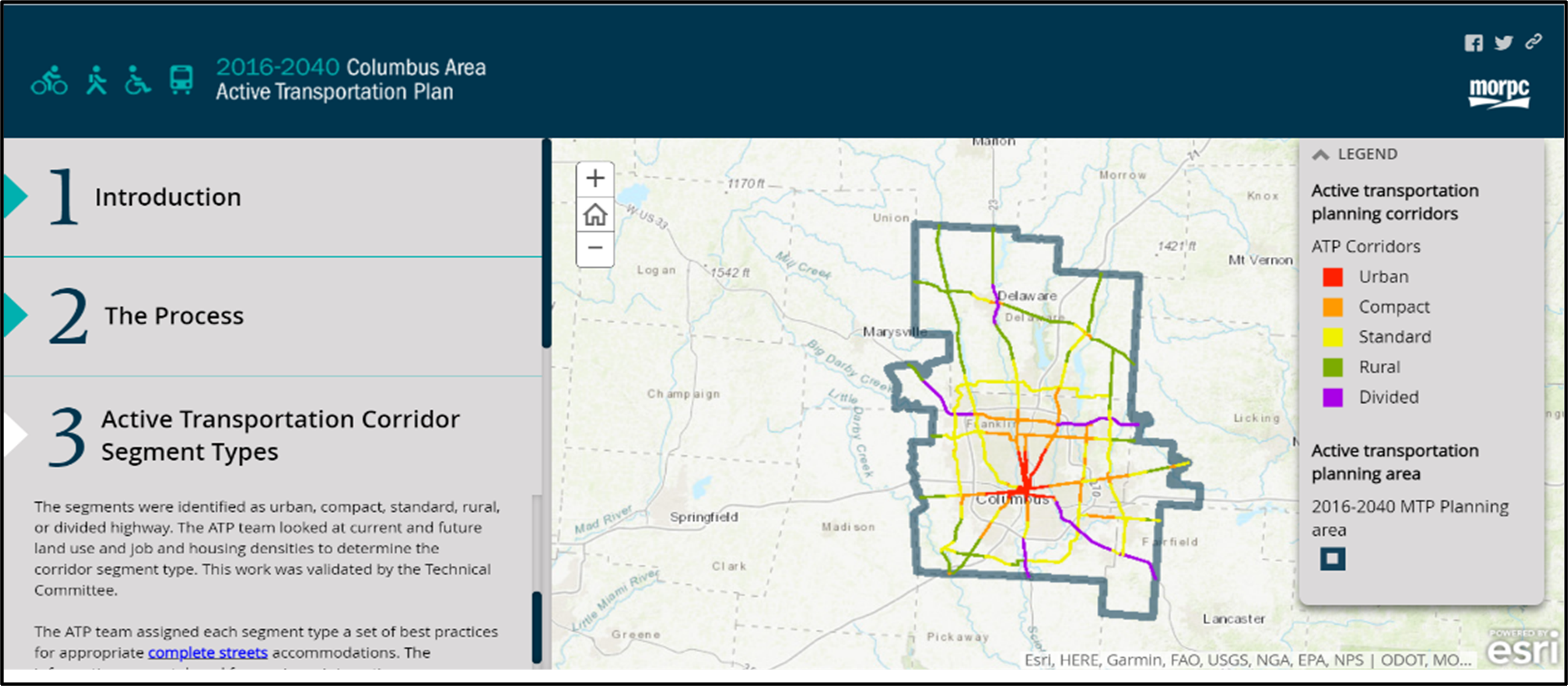 A screenshot of a map on the MORPC website highlighting the 2016-2040 Colombus area active transportation plan