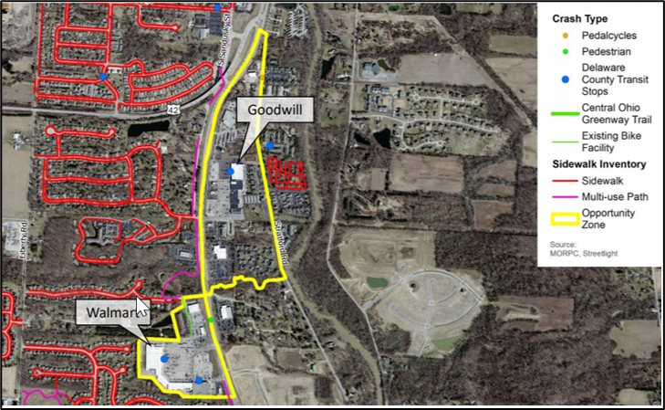 A screenshot of a satellite image of a developed town with roadways highlighted to identify opportunity zones for short trip clusters.