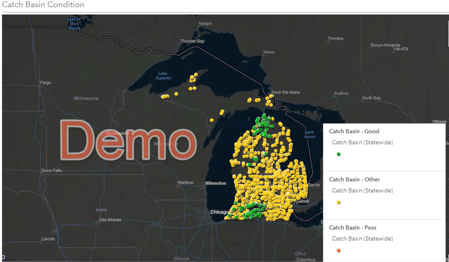 screenshot of MDOT’s culvert collection dashboard displays a map of Michigan marked with colored dots denoting catch basin status (good, poor, or other)