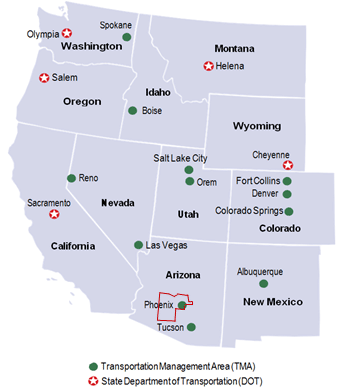 Map of Intermountain West region section of the U.S., with Maricopa County, Arizona lined red.