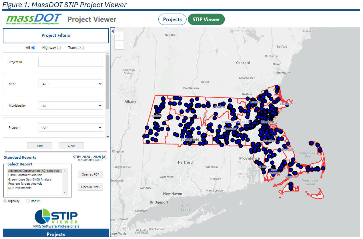 screenshot from MassDOT&rsquo;s STIP Project Viewer displaying a map of Massachusetts marked with locations of all current highway and transit projects