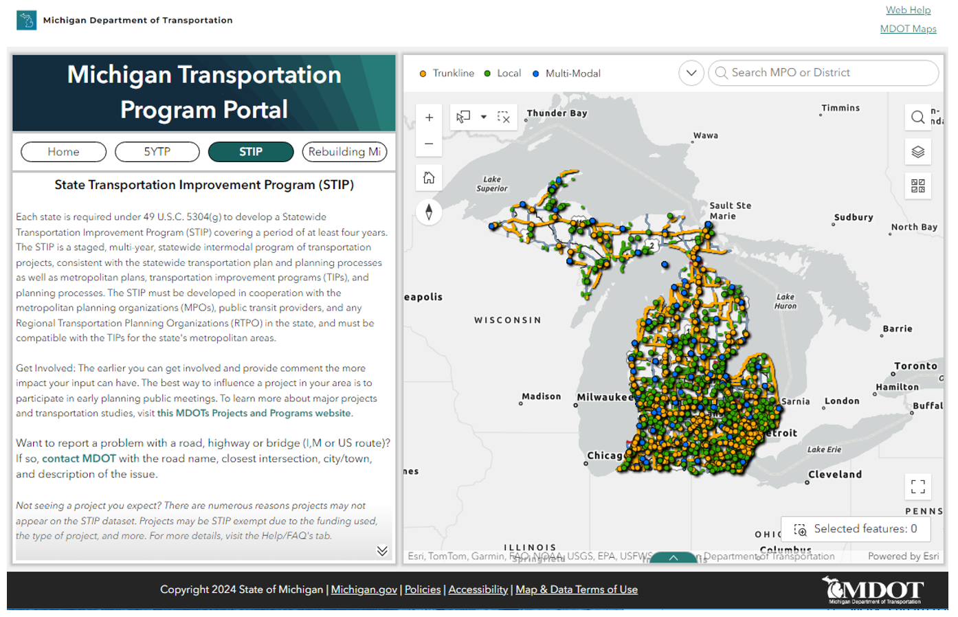 screenshot from the MTPP STIP Viewer displaying a map of Michigan marked with locations of all current trunkline, local, and multimodal projects