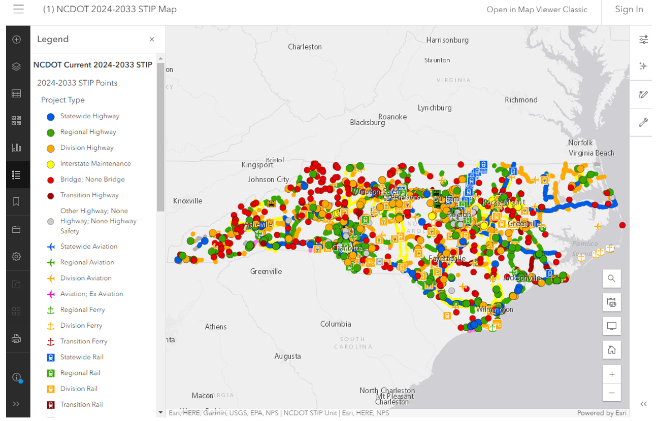 screenshot from NCDOT&rsquo;s STIP Map displaying a map of North Carolina marked with locations of all current projects